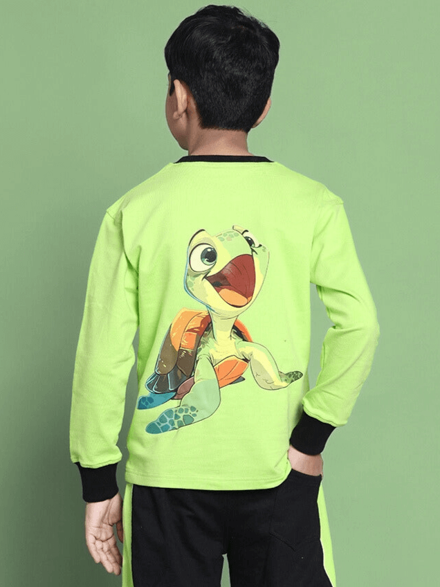 Child wearing TILLY OVERSIZED SWEATSHIRT FOR BOYS GIRLS NEON GREEN with cute turtle design on back.
