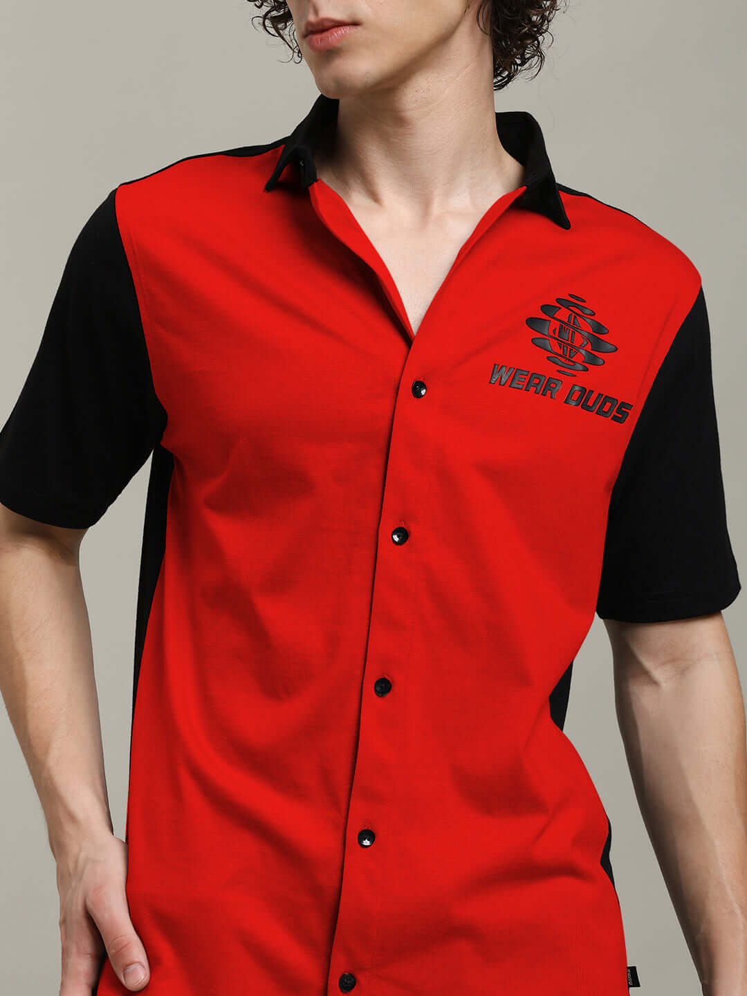Stylish red-black regular fit shirt by DUDS, made to order. Available with custom fit option. Shipping in 7-10 days. Perfect for fashion lovers.