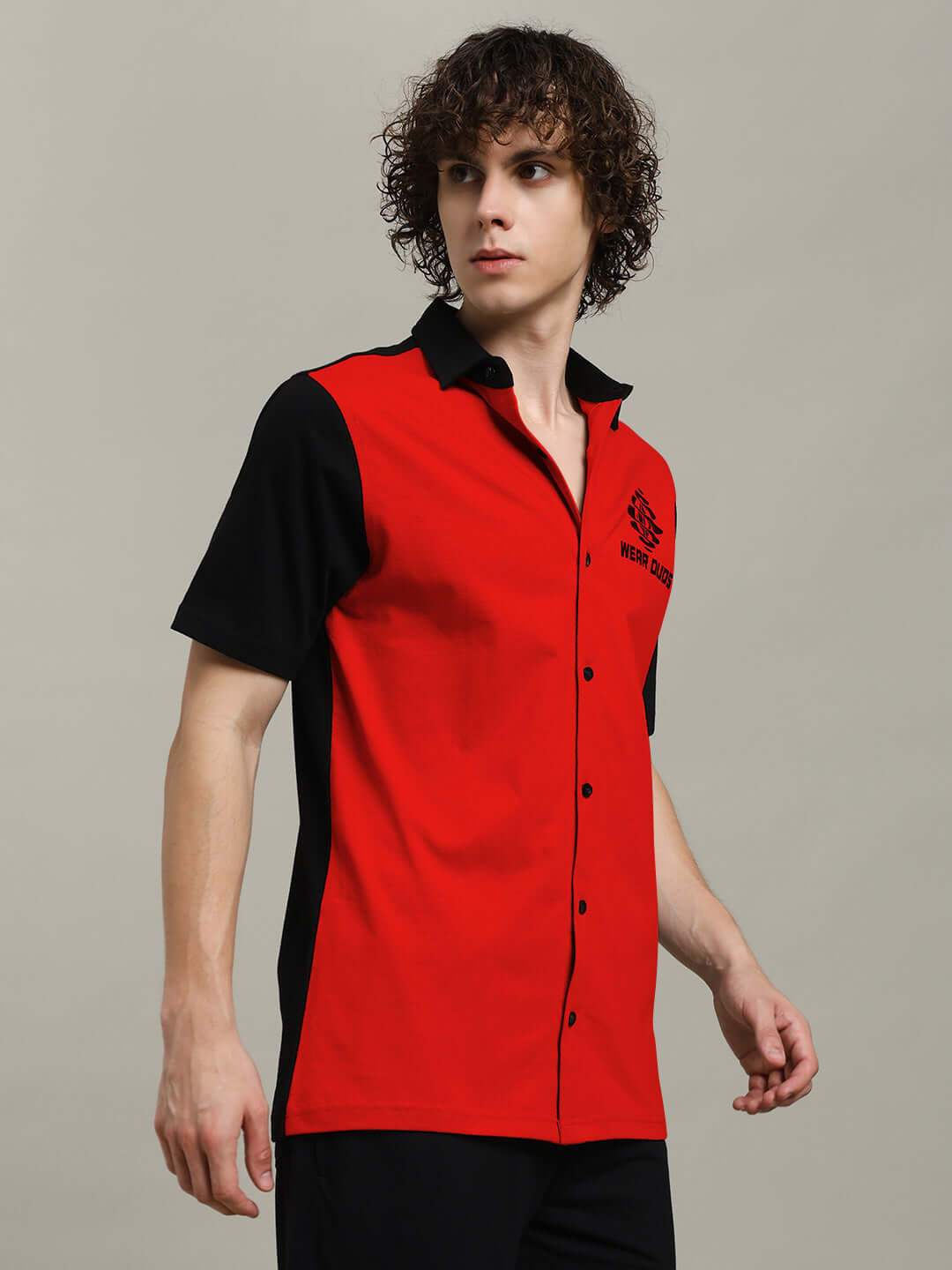 Tinge regular fit red and black shirt, made-to-order by DUDS, worn by a male model showcasing front view.