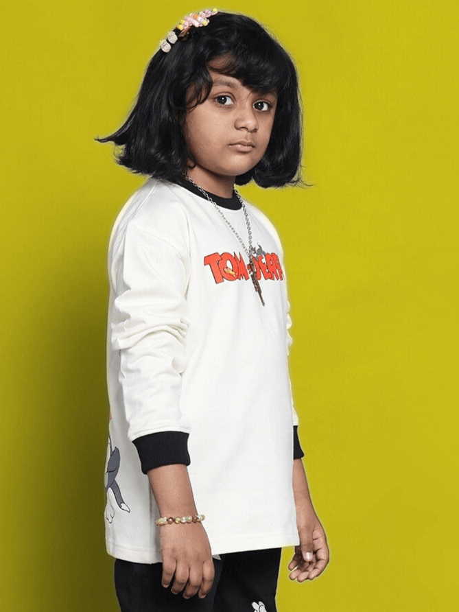 Child wearing Tom & Jerry oversized sweatshirt for boys & girls, off white-black, premium heavy gauge cotton fabric.