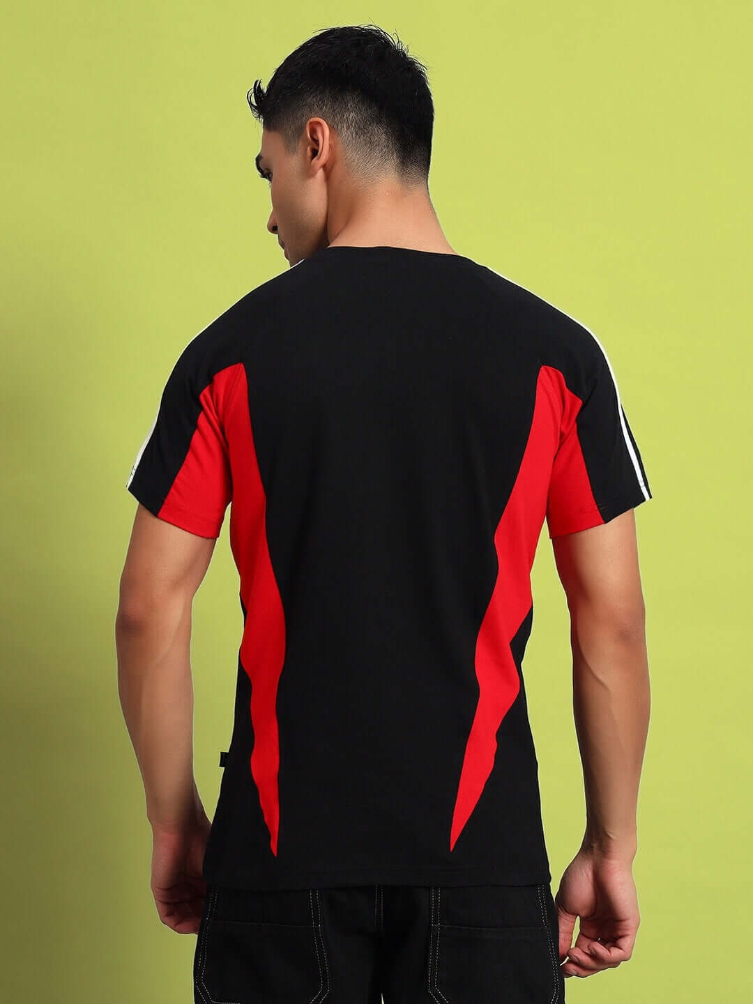 Back view of a black and red TOPLINER regular t-shirt made of premium cotton French terry, worn by a model against a green background.