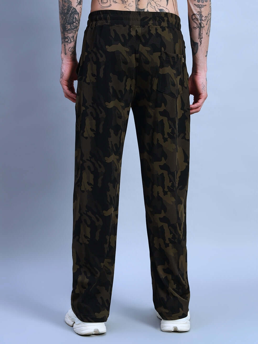 Rear view of Trench Relaxed Pant Jogger in camo green, highlighting comfortable and customizable fit, made by DUDS.