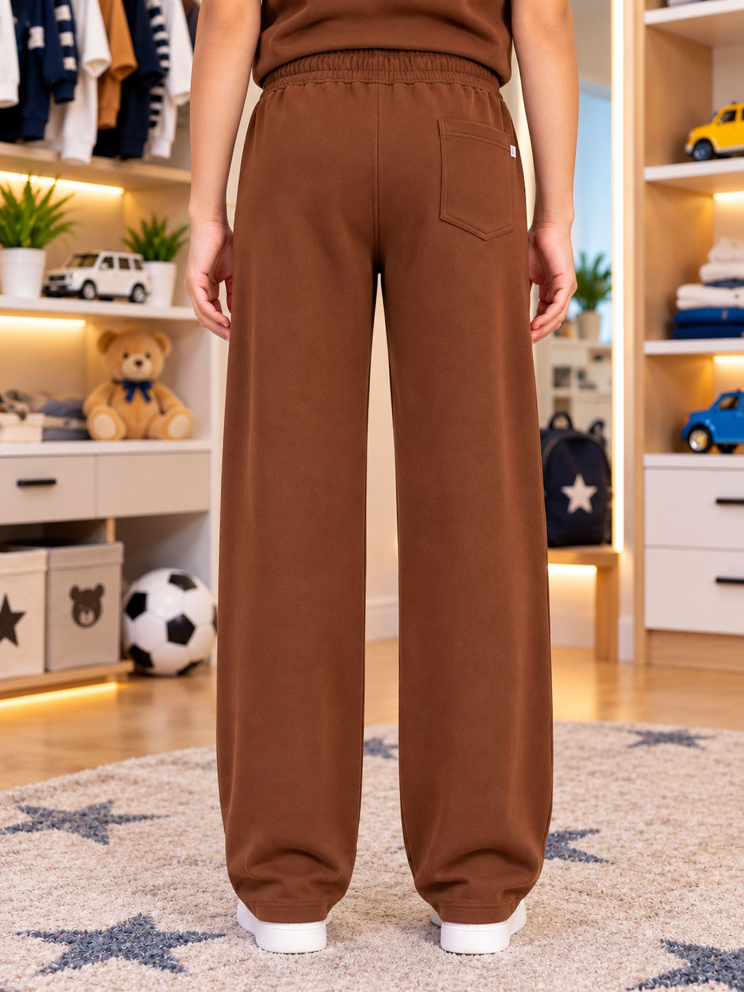 TRIBAL JOGGER FOR BOYS GIRLS BROWN - back view showing relaxed fit, elastic waist, and back pocket detail