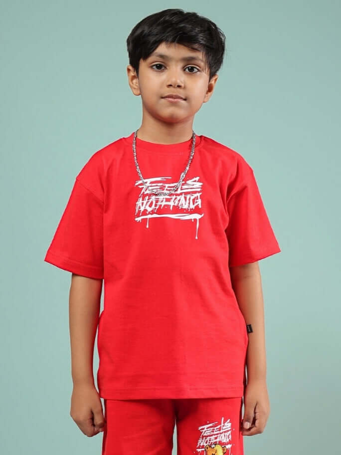 FEELS NOTHING T-SHIRT FOR BOYS GIRLS RED, unisex kids' fashion in bold red, soft cotton, relaxed fit, making a stylish statement.