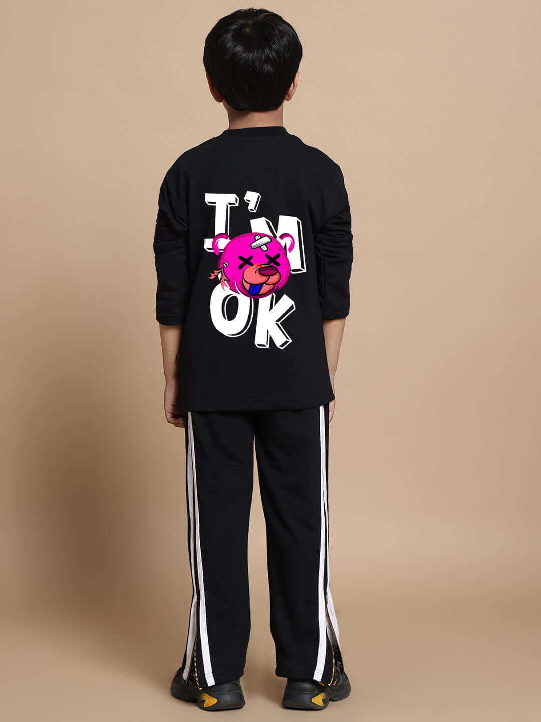Unisex I'M OK Black Co-ord Set for Boys & Girls, featuring relaxed fit joggers and a graphic top.