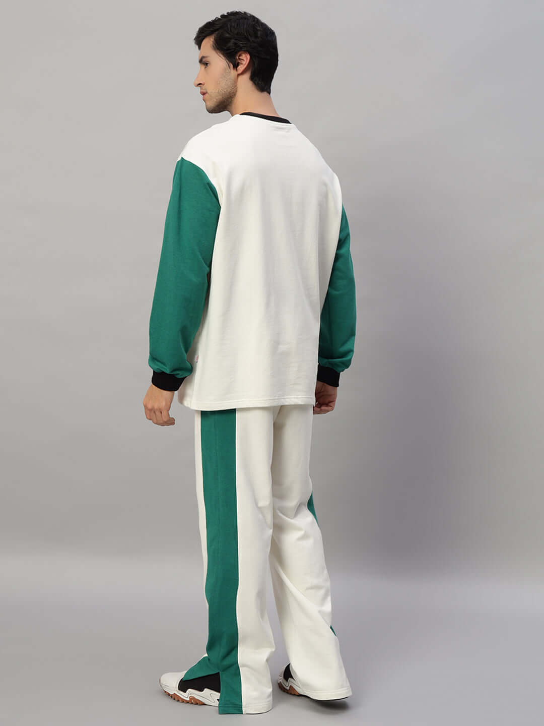 ZINGY OVERSIZED CO-ORD SET OFF WHITE TEAL, unisex relaxed fit with red & white contrast panel, premium heavy gauge fabric, side view
