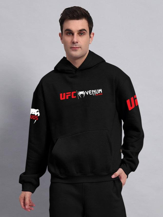 Man wearing WEARDUDS VENUM FLEECE HOODIE BLACK with UFC logo, custom fit option available, made to order, experienced tailors craftsmanship
