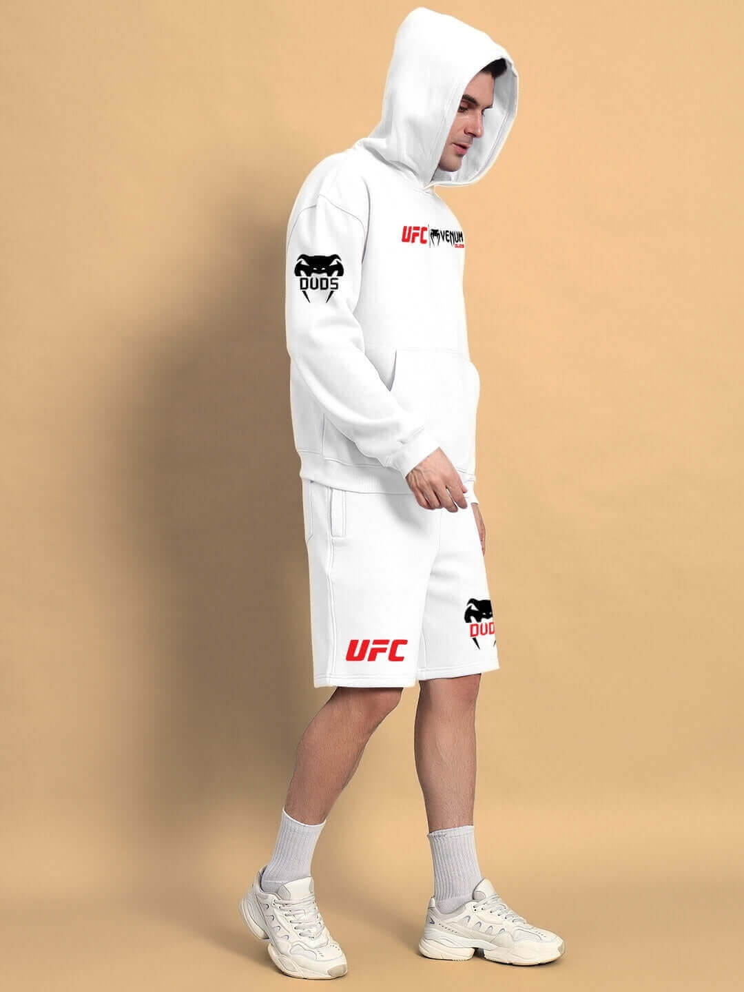 Person wearing WEARDUDS VENUM FLEECE CO-ORD WHITE hoodie and shorts set