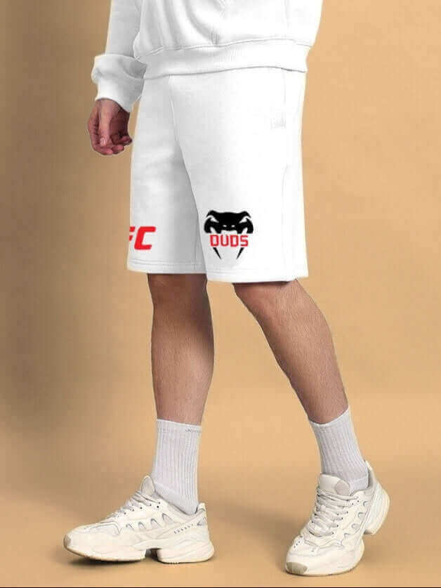 Model wearing WEARDUDS VENUM FLEECE CO-ORD WHITE with sneakers showcasing design and fit.