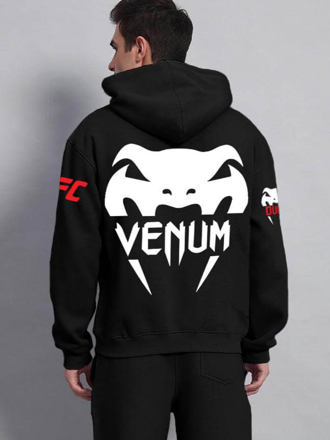 Back view of WEARDUDS VENUM FLEECE HOODIE BLACK with Venum logo on a model, highlighting custom fit option and made-to-order craftsmanship.