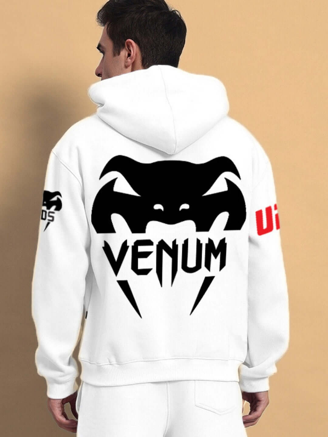 Back view of WEARDUDS VENUM FLEECE HOODIE WHITE with bold black graphic logo and red lettering.