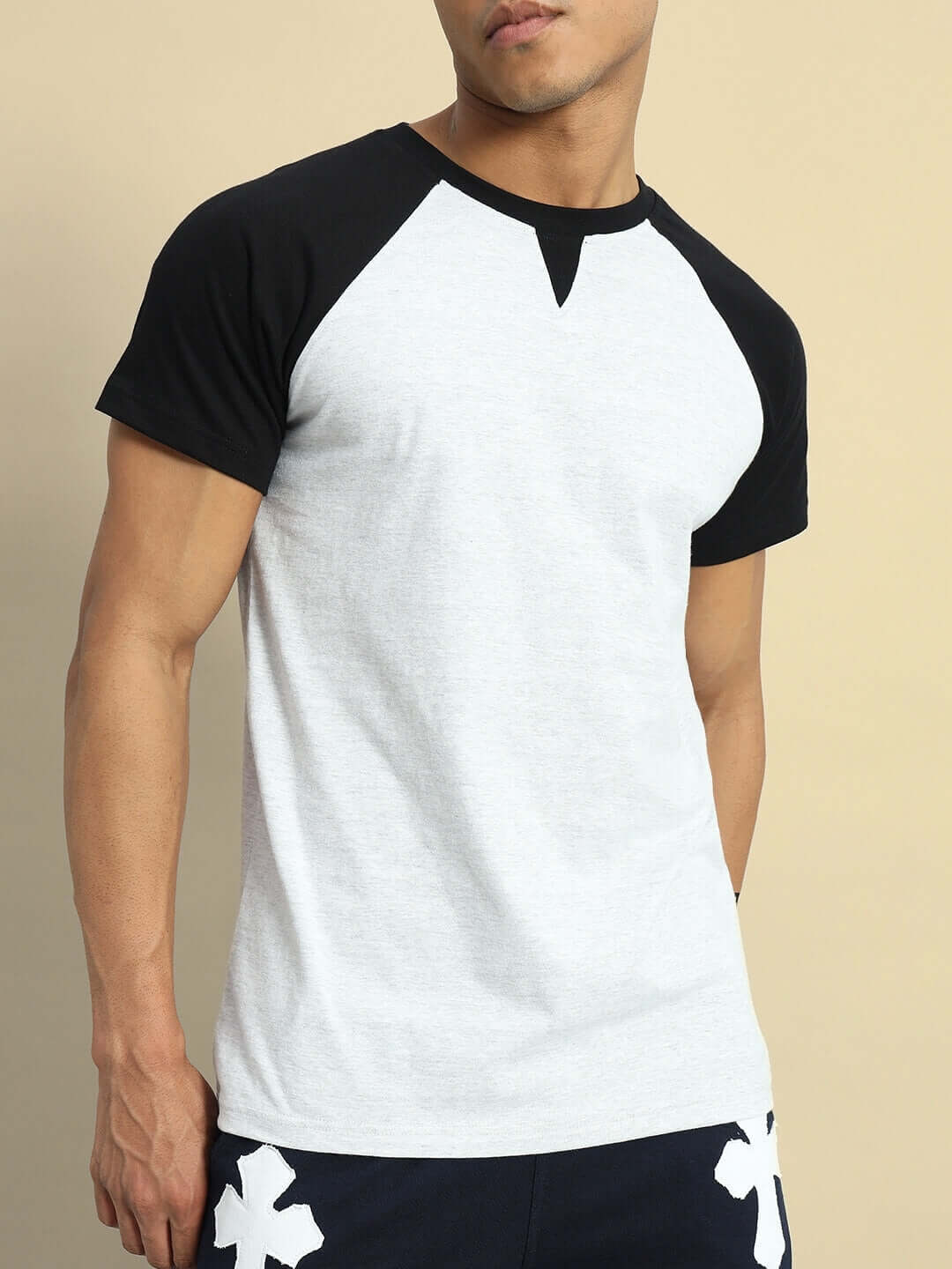 Men's grey melange regular fit t-shirt with black sleeves, 100% cotton, 220 GSM fabric, designed by Color By Colours, India.