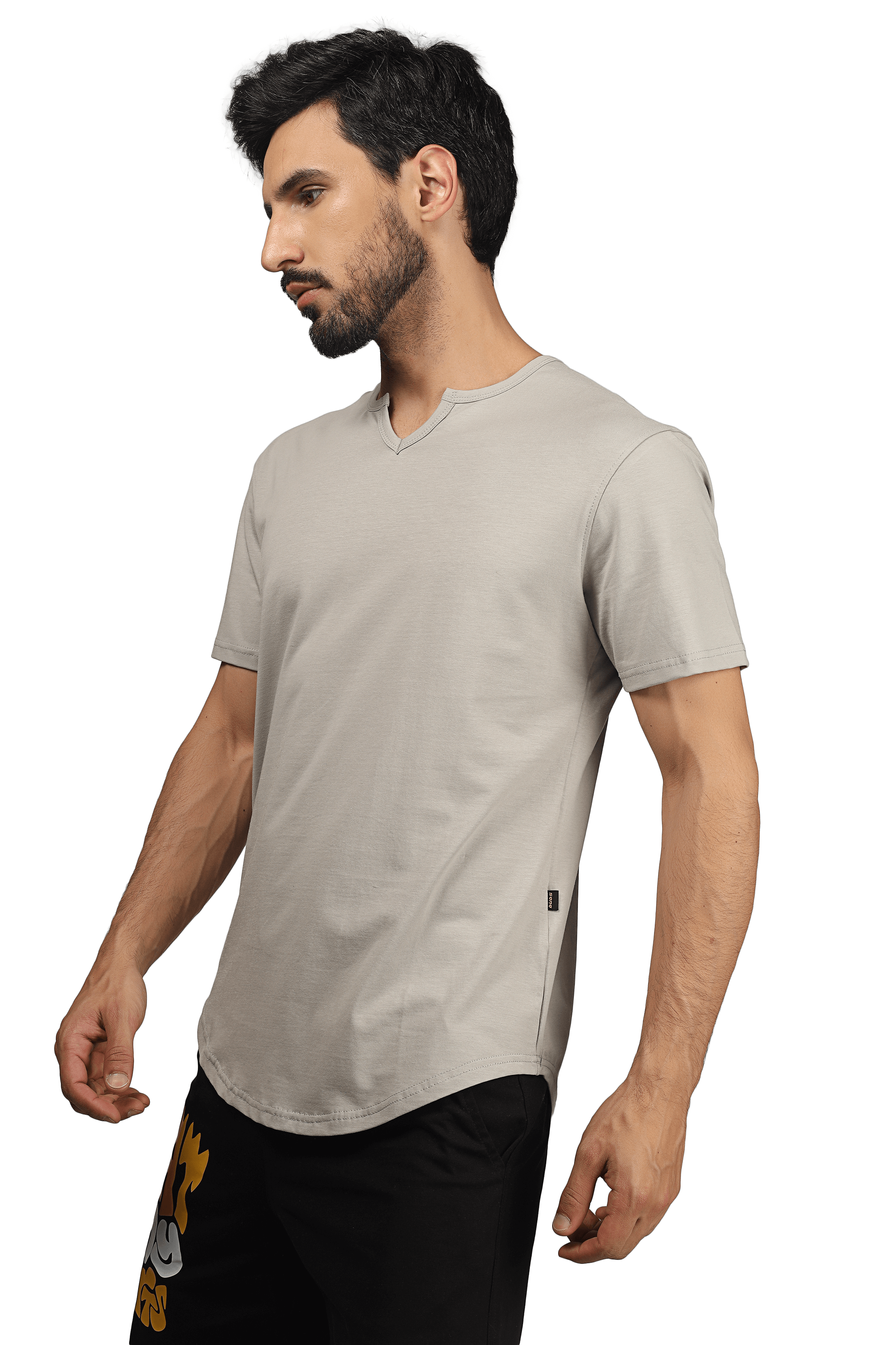 Model wearing grey VIKING regular fit t-shirt made from 100% cotton, showcasing bio-washed premium fabric and casual style.