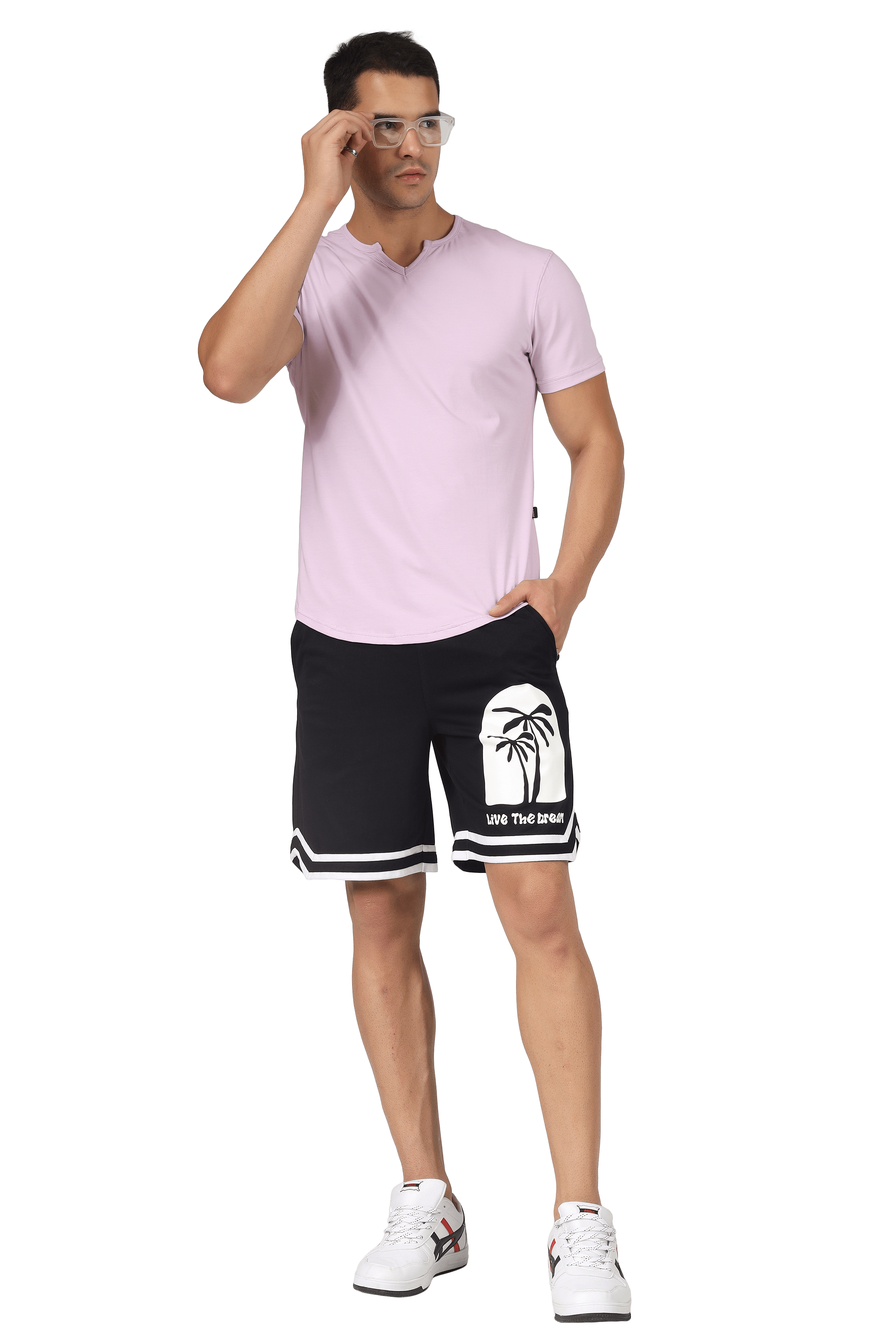 Model wearing VIKING REGULAR FIT T-SHIRT LILAC paired with black shorts and sneakers, showcasing a stylish casual look.
