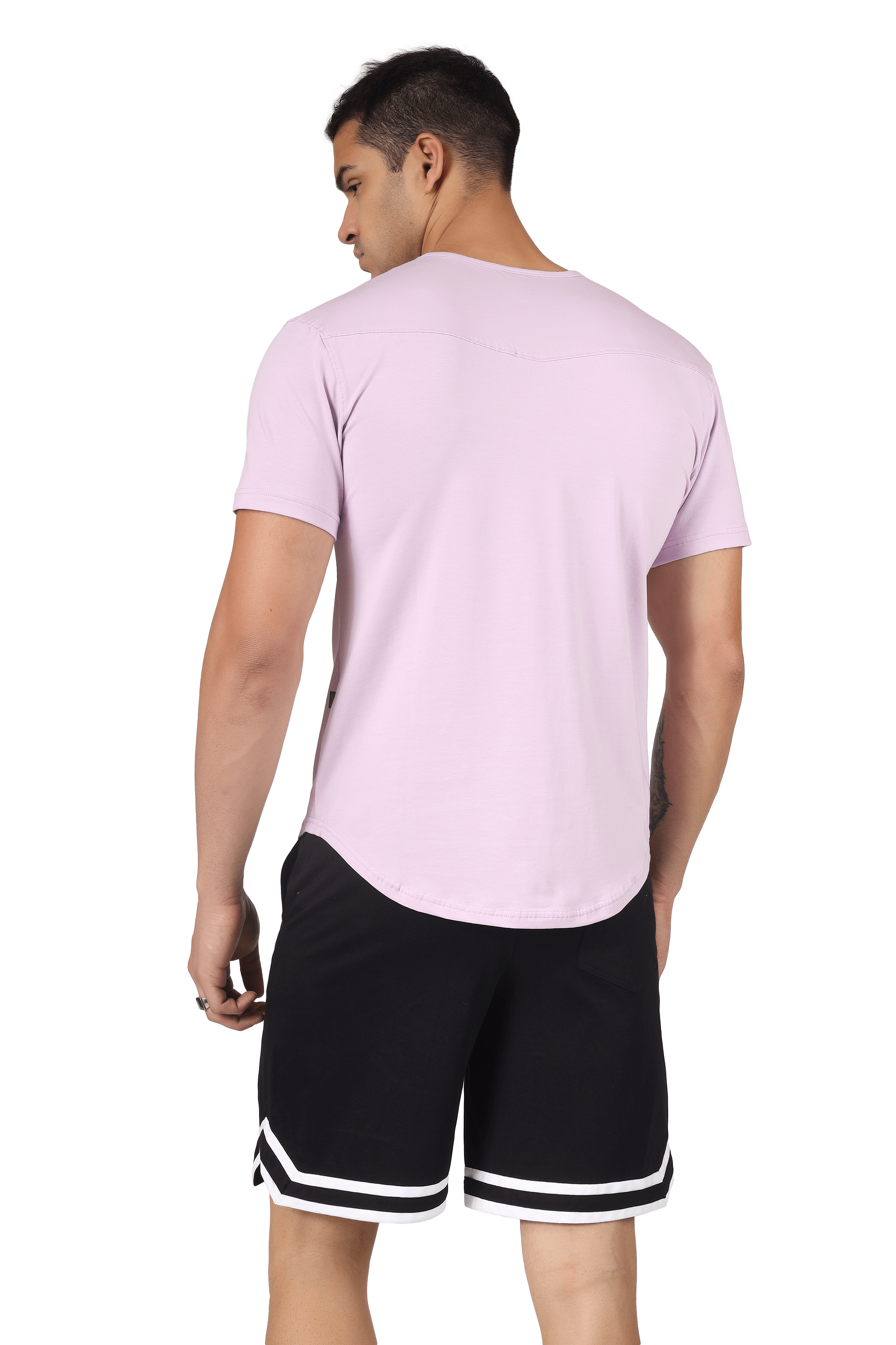 Back view of model wearing VIKING REGULAR FIT T-SHIRT LILAC, showcasing modern style and comfort in soft lilac hue.