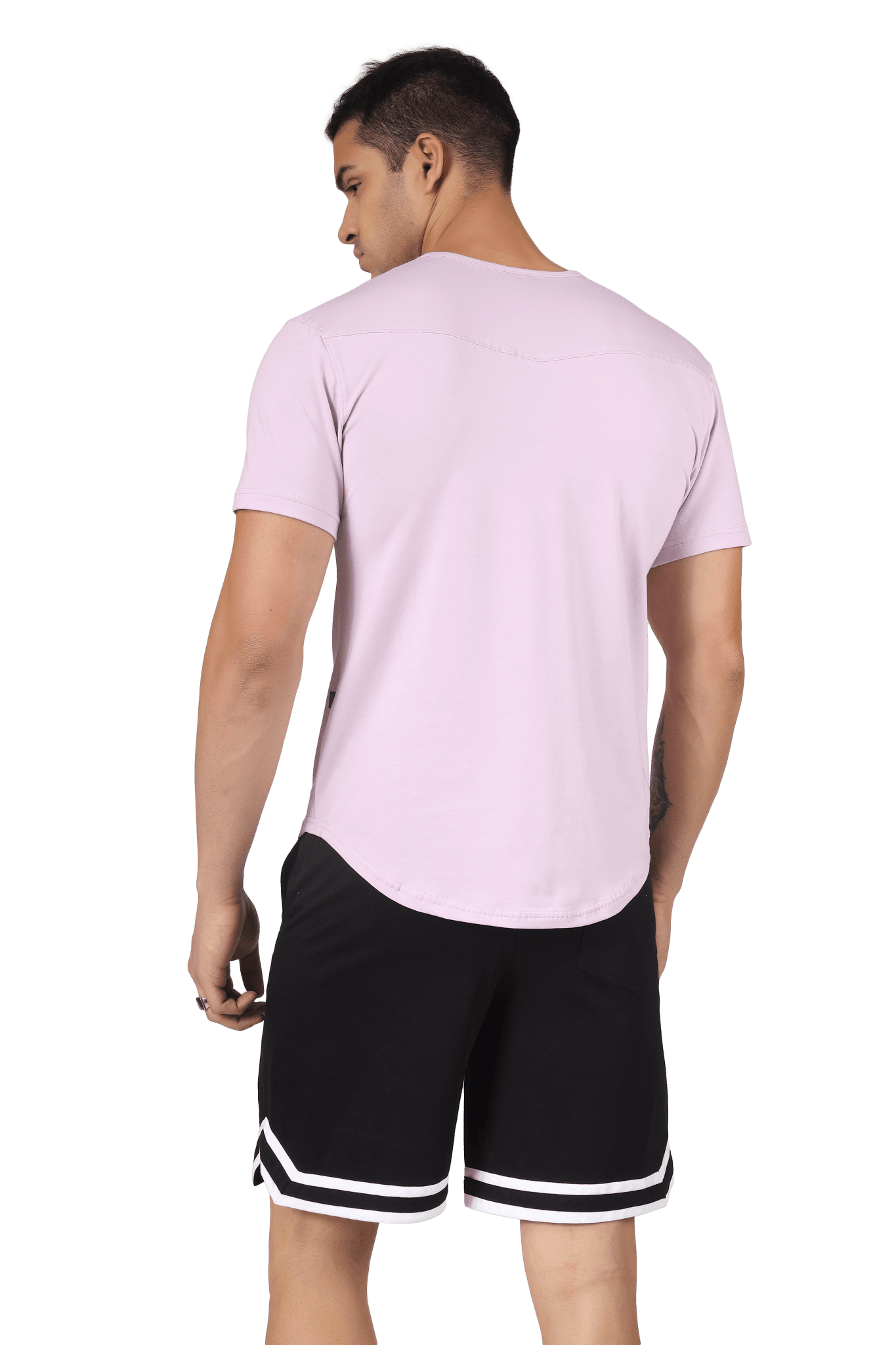 Back view of man wearing VIKING REGULAR FIT T-SHIRT LILAC paired with black shorts