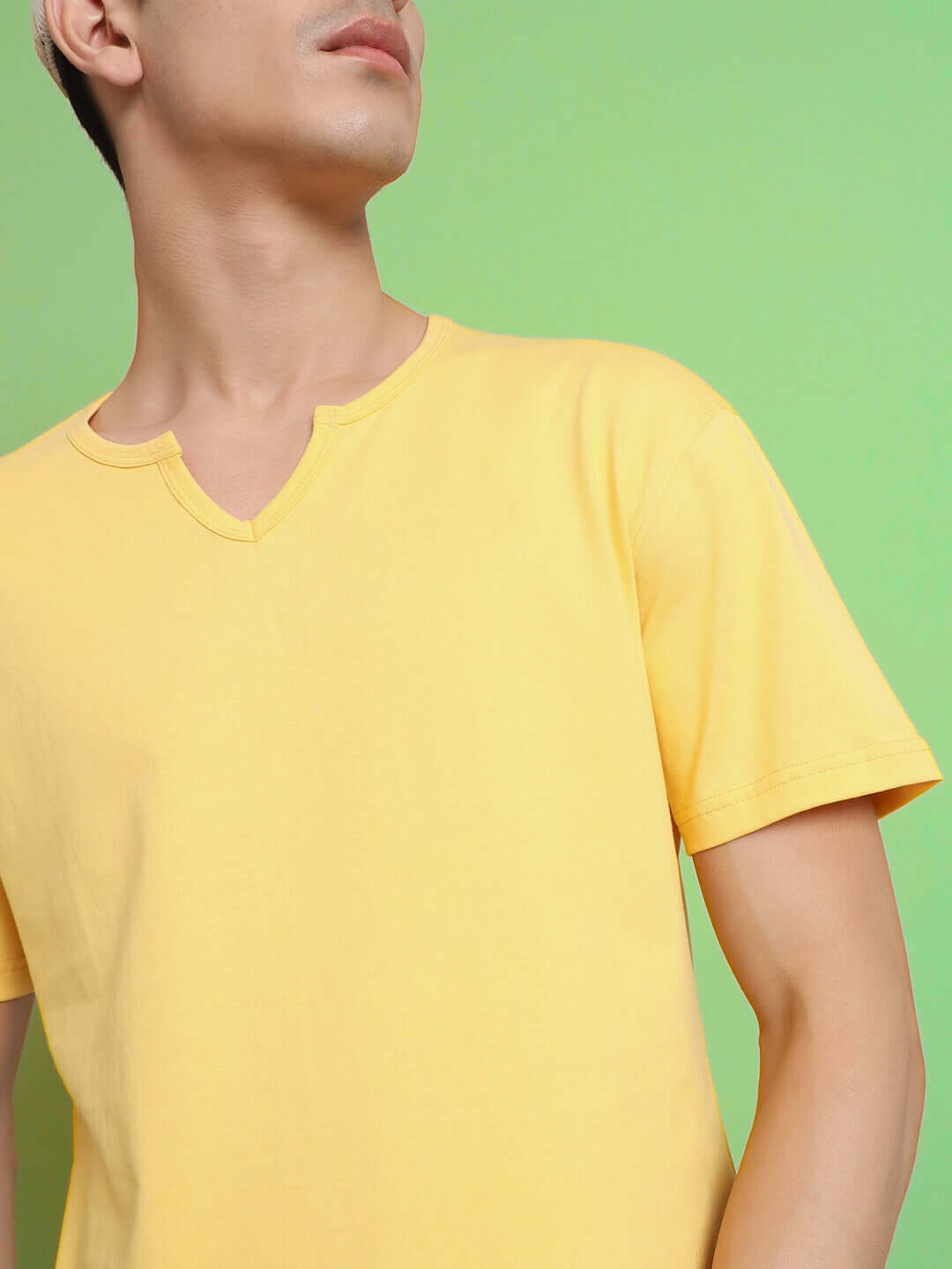 Model wearing Viking regular fit yellow T-shirt made from premium 100% cotton fabric. Ideal for casual wear. Made in India.