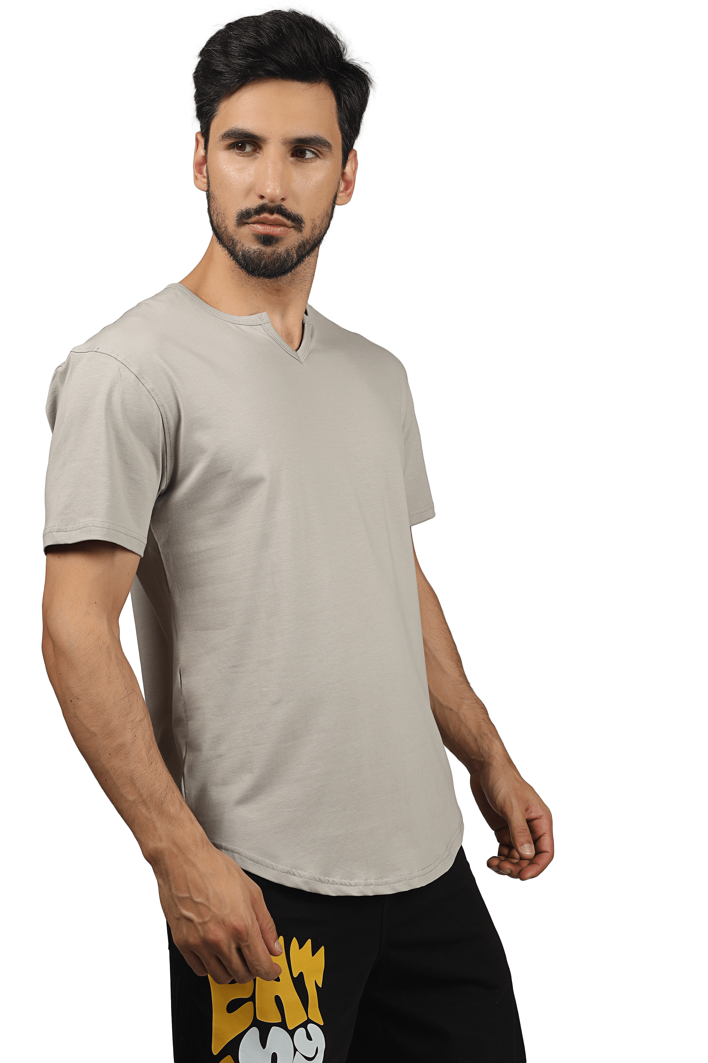 Model wearing Viking regular fit grey t-shirt, premium 100% cotton, bio-washed, made in India. Casual fashion style.