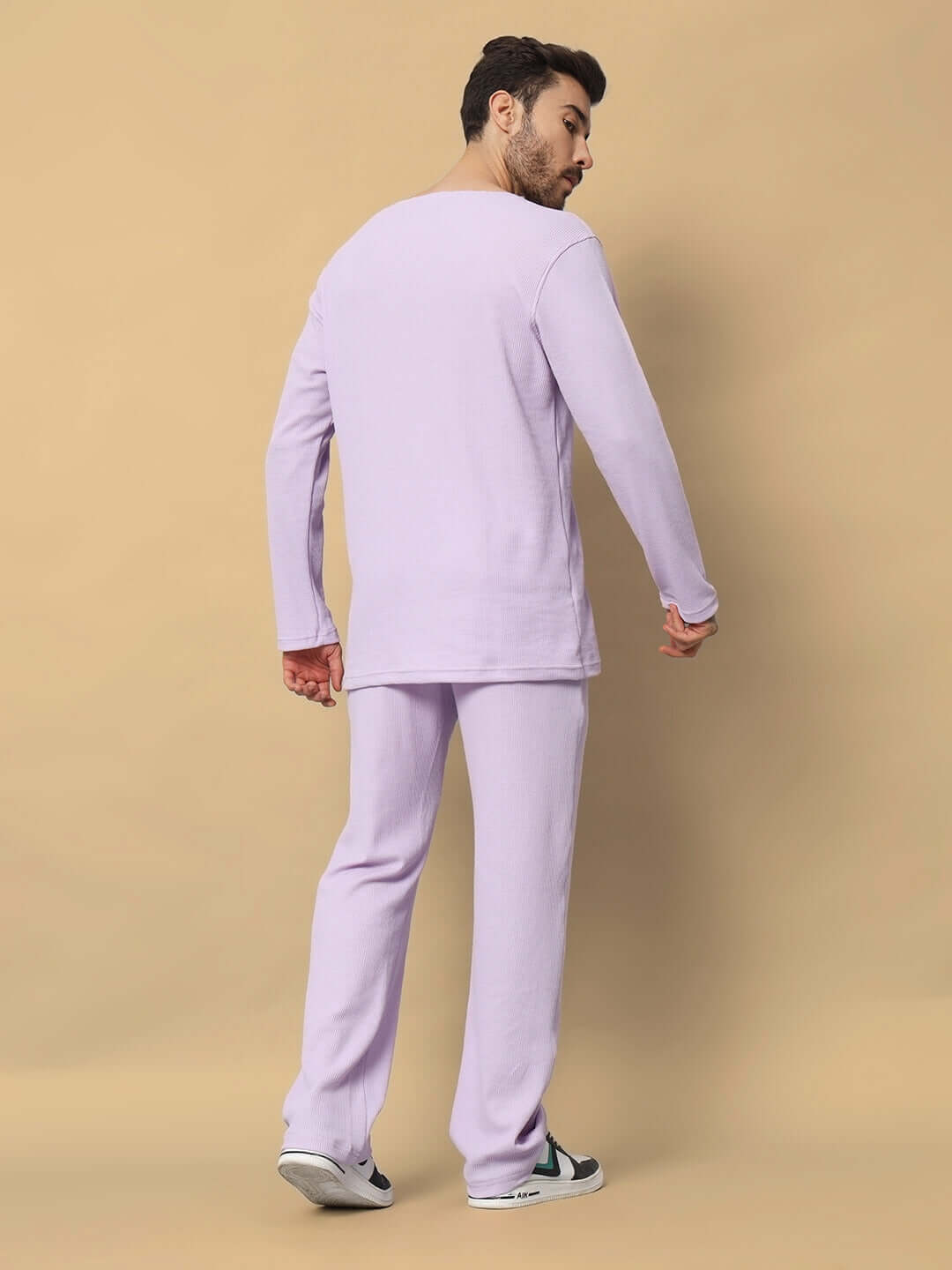 Unisex VOGUE oversized co-ord set in lilac, featuring relaxed fit joggers and a waffle fabric top. Premium cotton, 240 GSM, India.