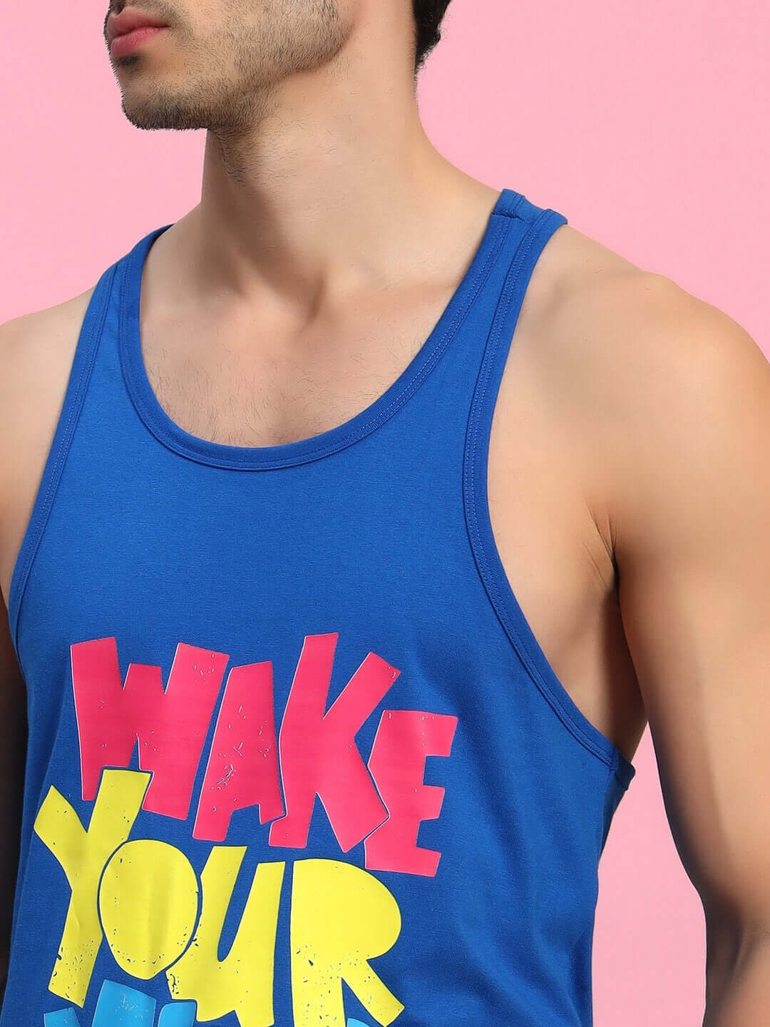 WAKE UP GYM T-SHIRT ROYAL BLUE tank top with bold text design for gym enthusiasts.
