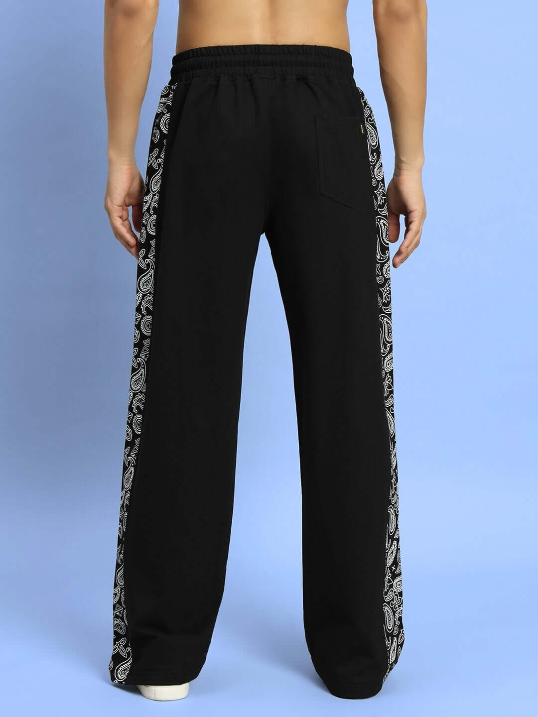 Back view of Waltz Relaxed Fit Joggers in black with patterned side stripes, showcasing comfortable craftsmanship by DUDS Tailors.