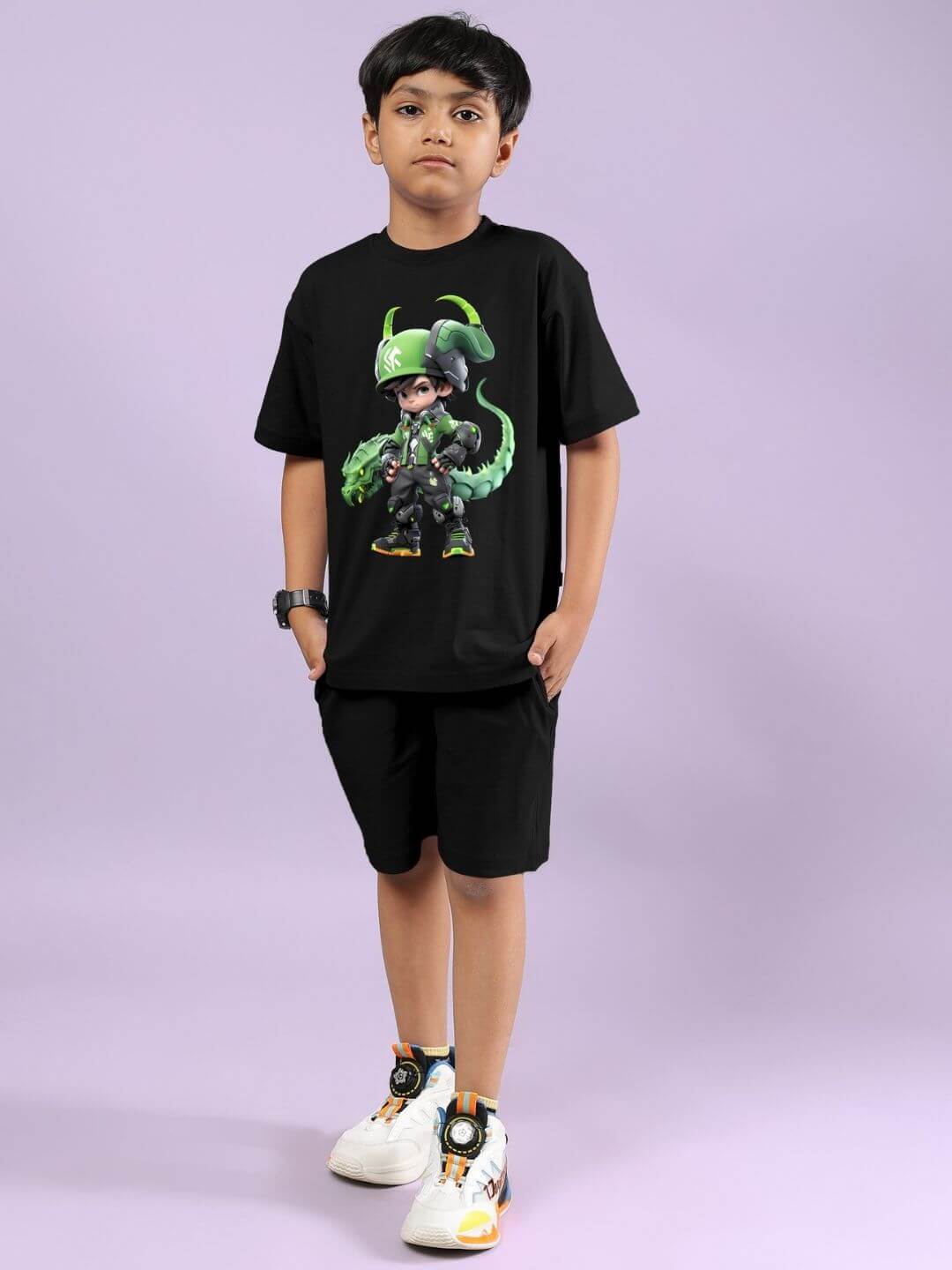 Boy wearing black Warrior with Dragon co-ord, featuring graphic of a warrior and dragon, suitable for boys and girls.