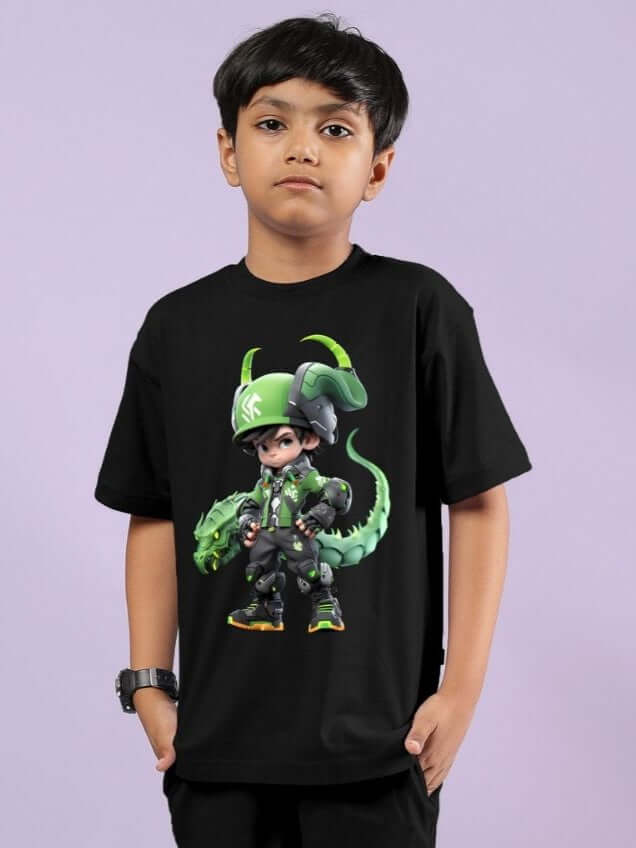 Boy wearing Warrior With Dragon T-Shirt for Boys and Girls Black, featuring a bold and comfortable design for kids.