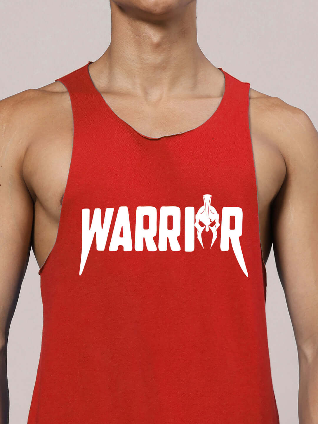 WARRIOR PRINTED GYM RELAXED FIT CO-ORD SET RED tank with bold white "Warrior" print, ideal for passionate fitness enthusiasts.