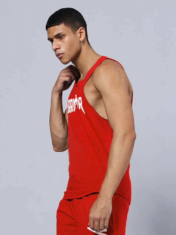 WARRIOR PRINTED GYM T-SHIRT RED on model showing side view, perfect for workouts.