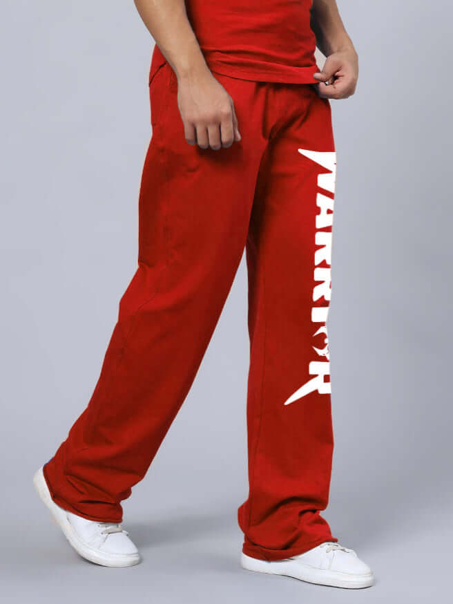 WARRIOR PRINTED COTTON TERRY JOGGER RED with bold lettering, tailored for comfort and style.