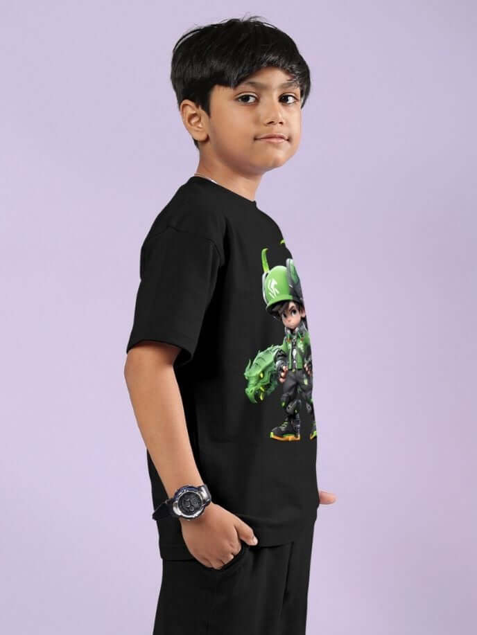 Young boy wearing the Warrior With Dragon T-Shirt for Boys and Girls Black, showcasing a bold design with a warrior and dragon graphic.