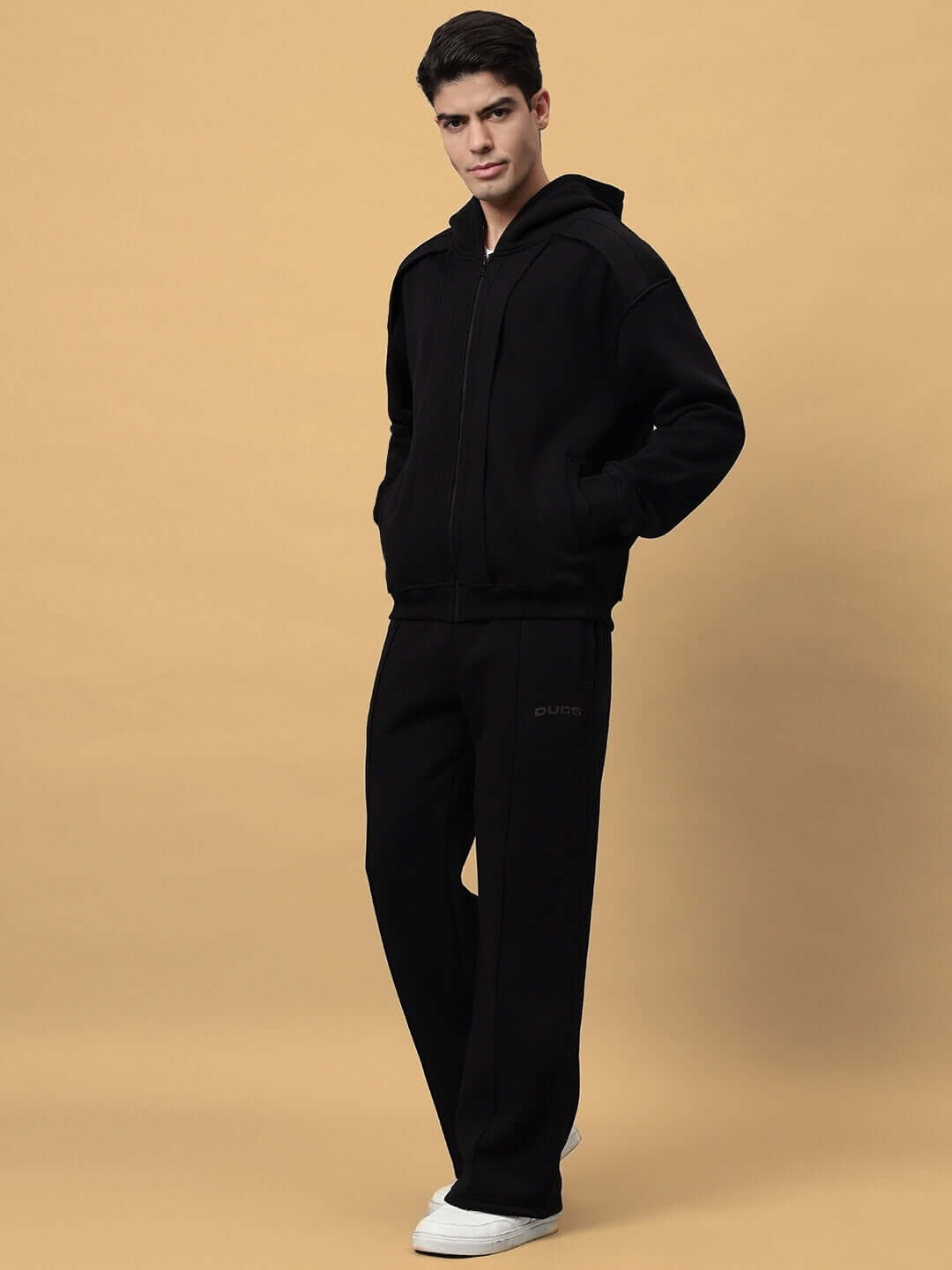 Model wearing WD Admire Co-Ord Set in black with jacket and pants, made-to-order by experienced tailors, comfortable and stylish fit.