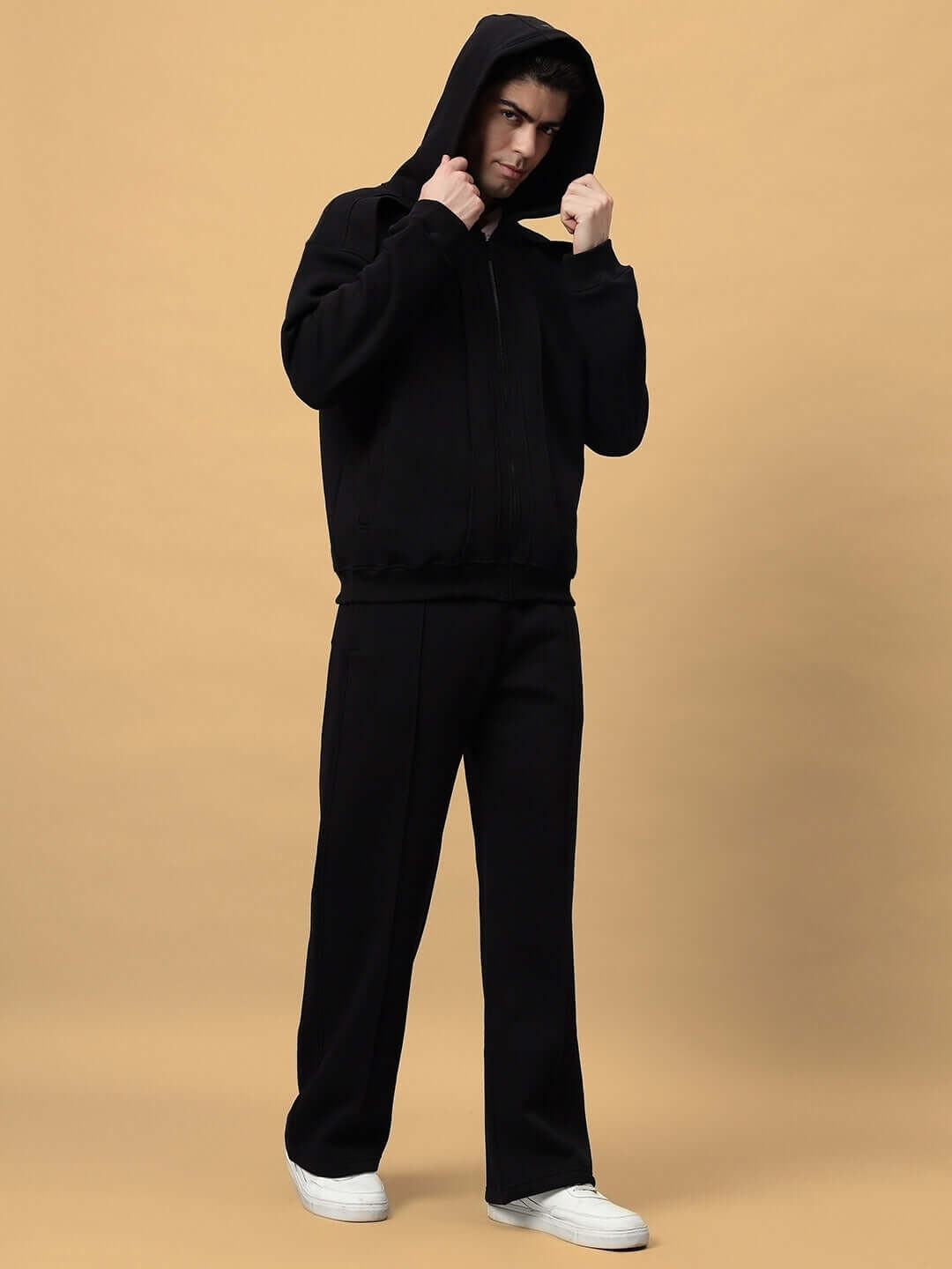 Model wearing WD ADMIRE CO-ORD in black, showcasing a made-to-order, customizable fit outfit by DUDS. Perfect for stylish comfort.