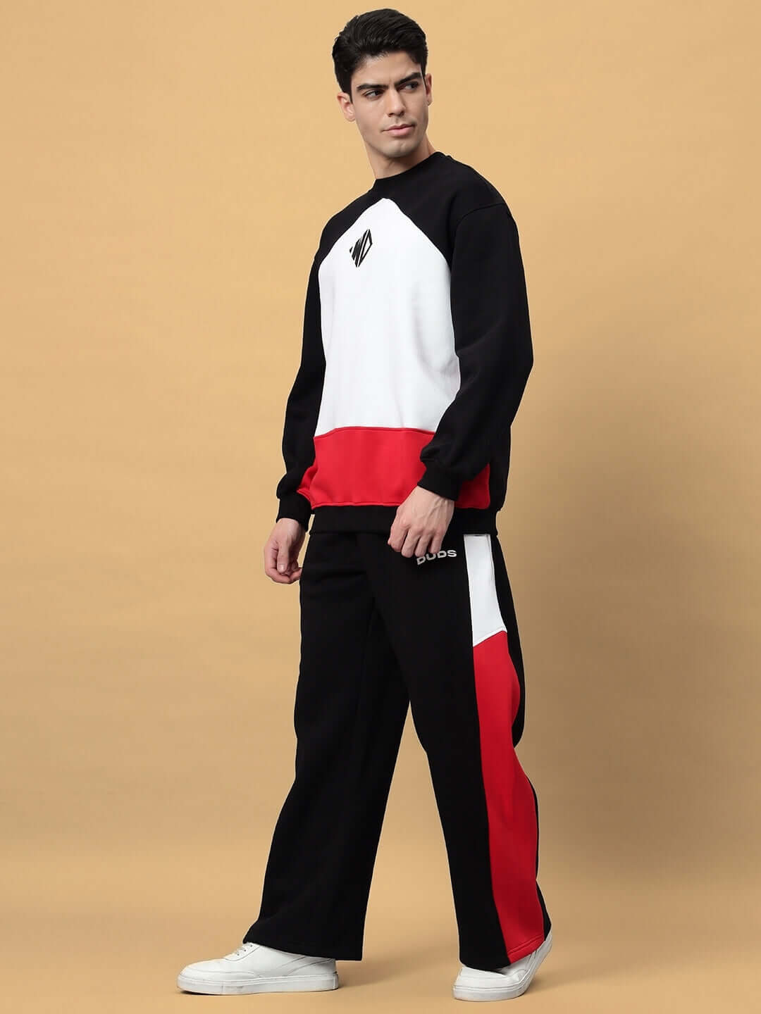 Model wearing WD FERVID FLEECE COLORBLOCK CARGO PANT BLACK with street-style colorblock detailing, showcasing functional fashion.