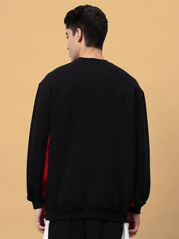 Back view of WD Fervid Fleece Colorblock Sweatshirt in black, worn by model. Custom fit available, shipping 7-10 days.
