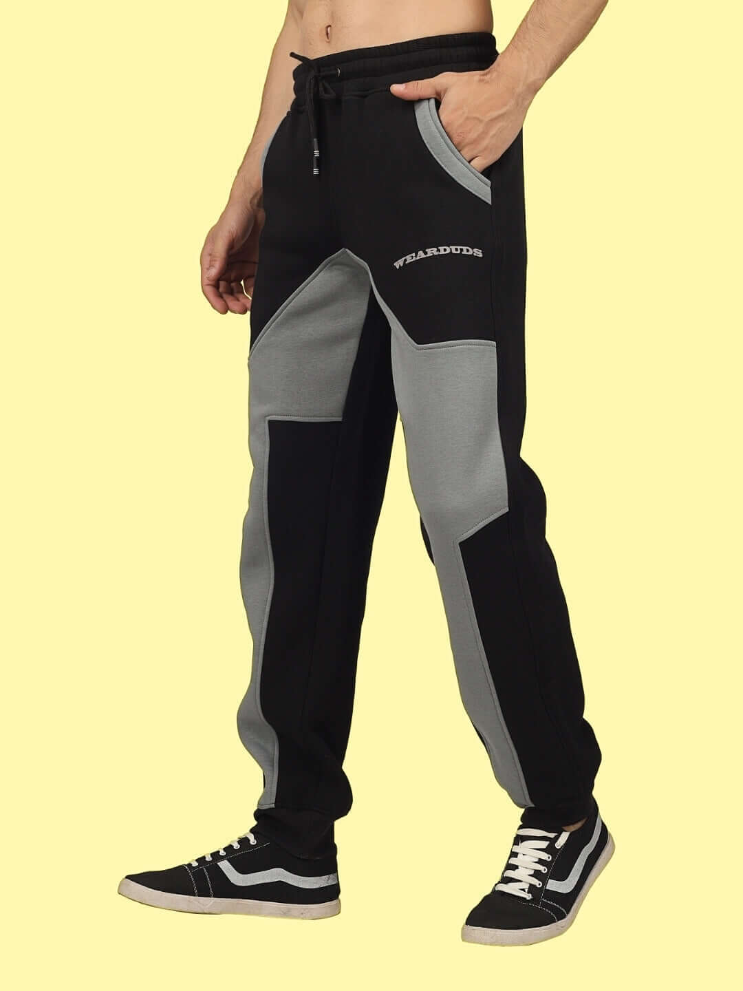 WD Gorpcore fleece colorblock cargo pant in black and grey, featuring comfortable fit and stylish design, perfect for outdoor activities.