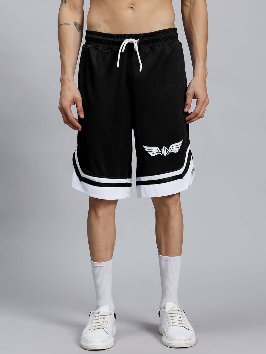 WD WINGS GYM CO-ORD SET MEN BLACK shorts featuring wings detailing, high-performance fabric, enhancing movement and style.