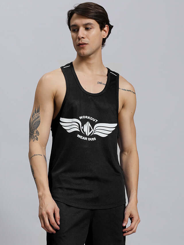 Man wearing black WD Wings Gym T-shirt with white logo, showcasing athletic design and custom fit options for personalized gym wear.