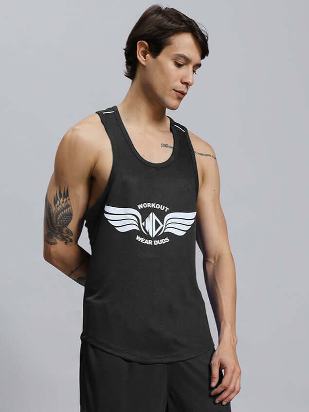 Man wearing WD Wings black gym t-shirt, featuring custom fit options and handmade quality for workout enthusiasts.