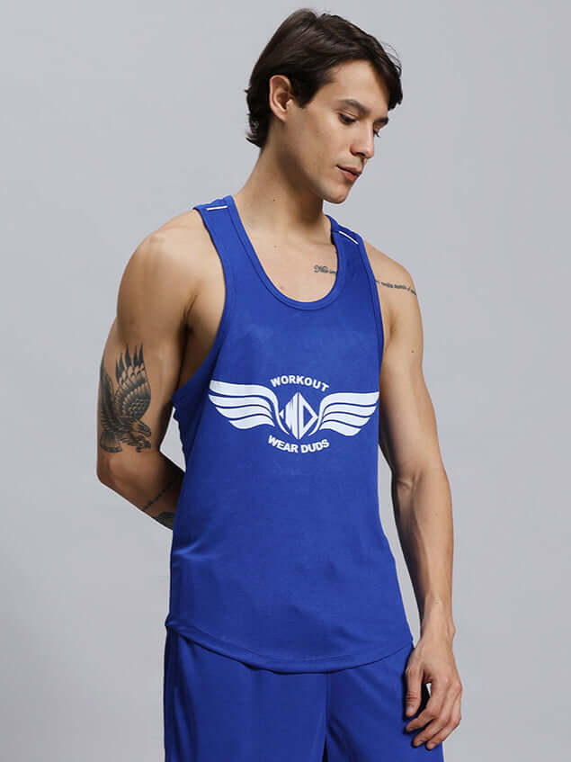 Man wearing WD WINGS GYM T-SHIRT ROYAL BLUE showing athletic fit and design.