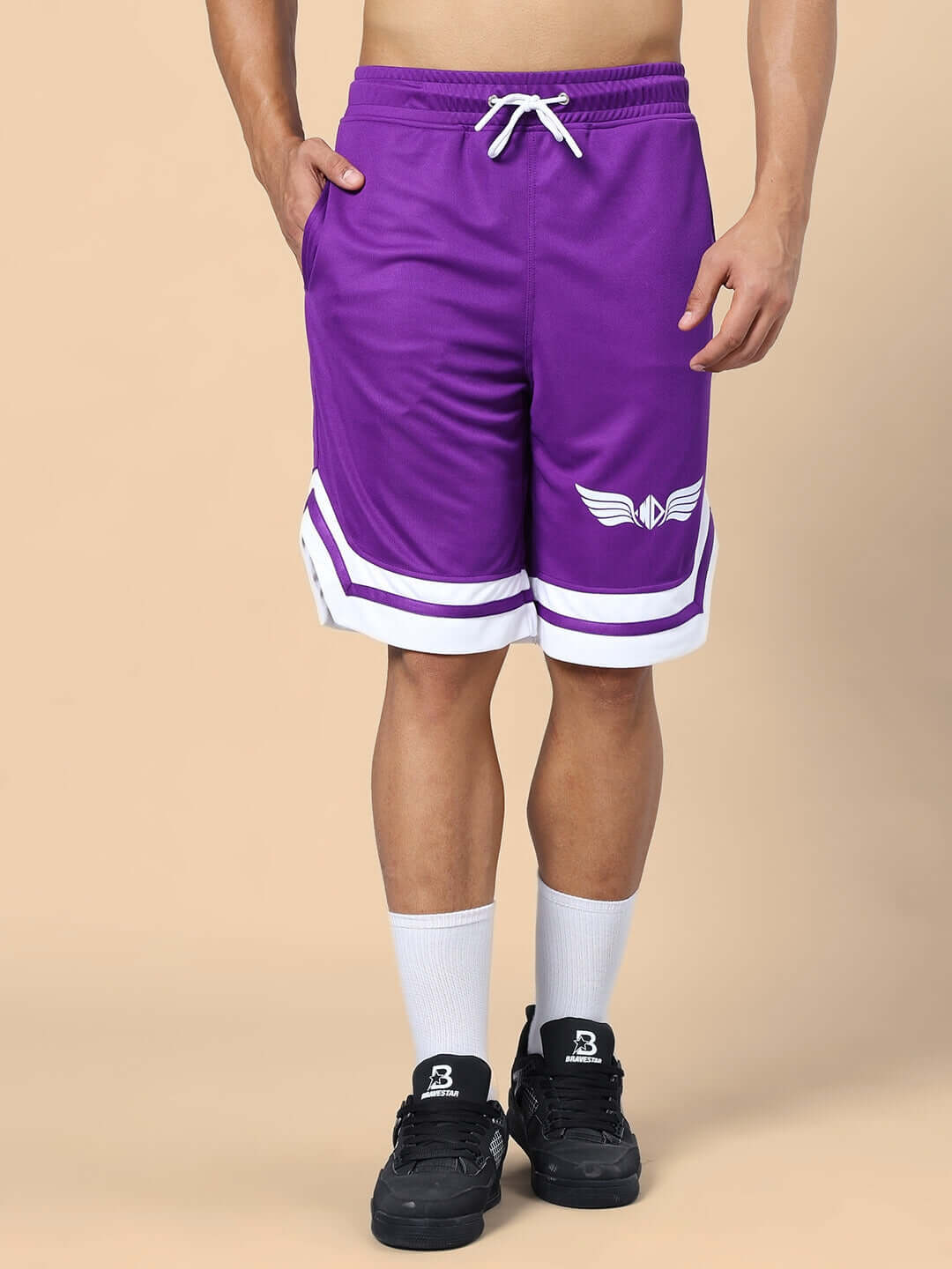 Man wearing WD WINGS GYM CO-ORD SET PURPLE shorts, displaying sporty and stylish design, perfect for workouts or casual wear.