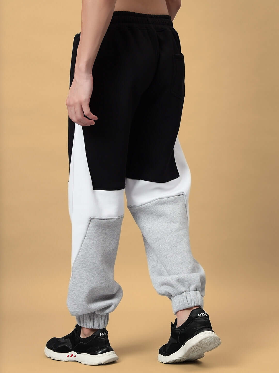 Person wearing WD Sword Fleece Colorblock Cargo Pant with bold panels and relaxed fit, showcasing streetwear style and comfort.