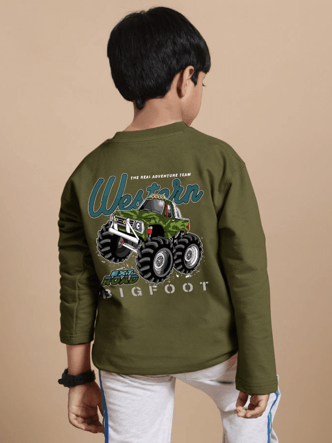 WESTERN TRUCK OVER - SIZED SWEATSHIRT BOYS GIRLS OLIVE GREEN - KIDS SWEATSHIRT