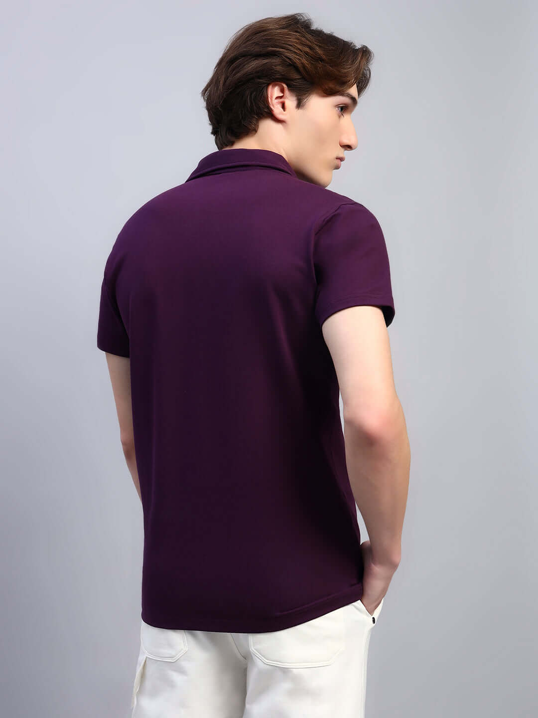 WIDEL REGULAR FIT T-SHIRT PURPLE on male model, back view, showcasing comfort and style in breathable cotton fabric.