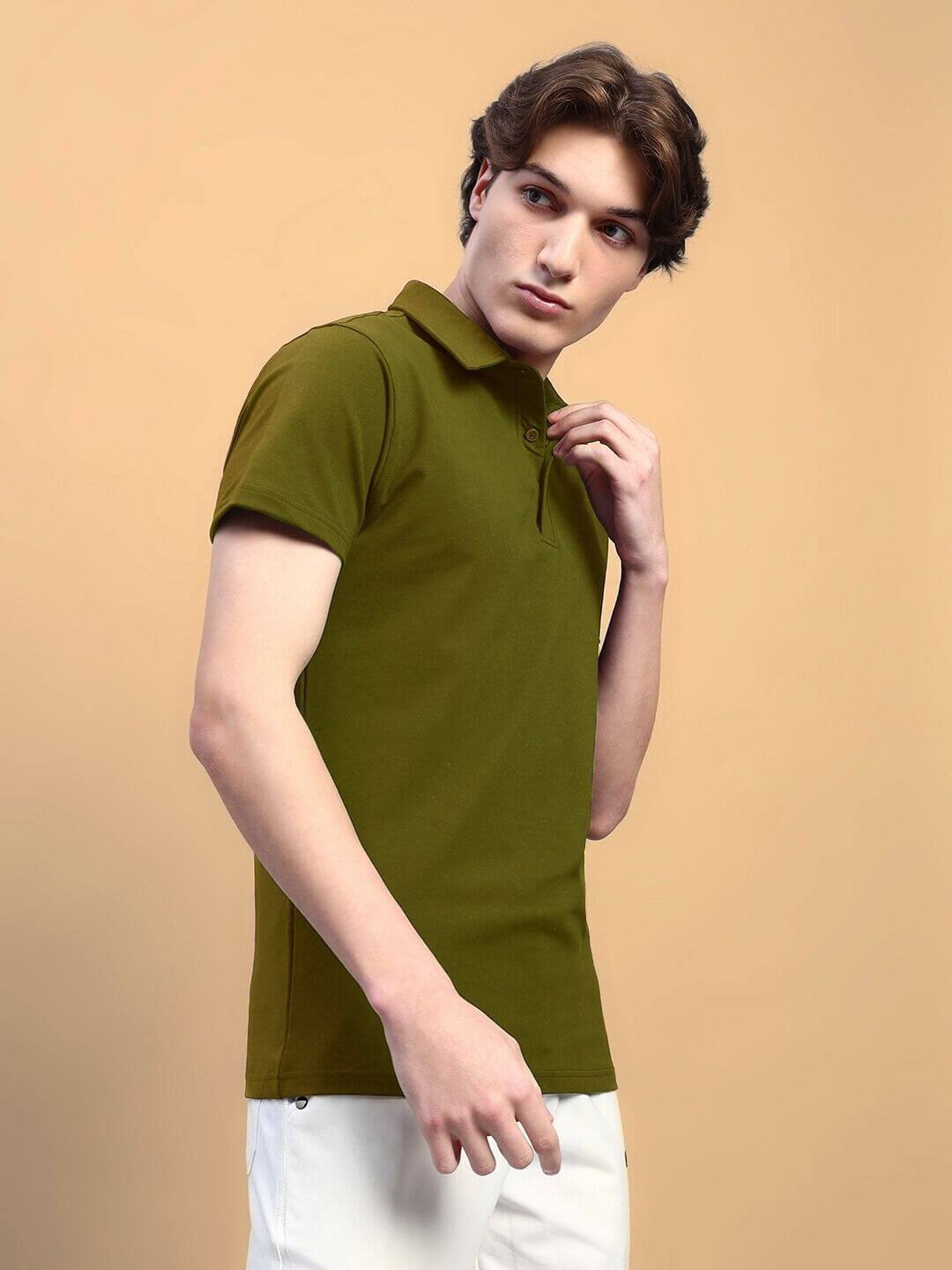 Olive green regular fit t-shirt made of premium cotton blend, featuring a stylish collar worn by a model against a neutral background.