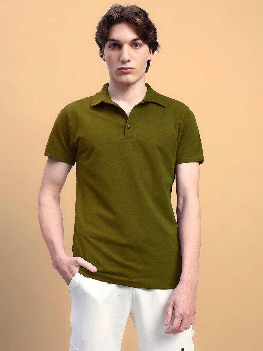 Olive green WIDEL regular fit t-shirt in premium cotton blend, designed with short sleeves, perfect for casual wear.