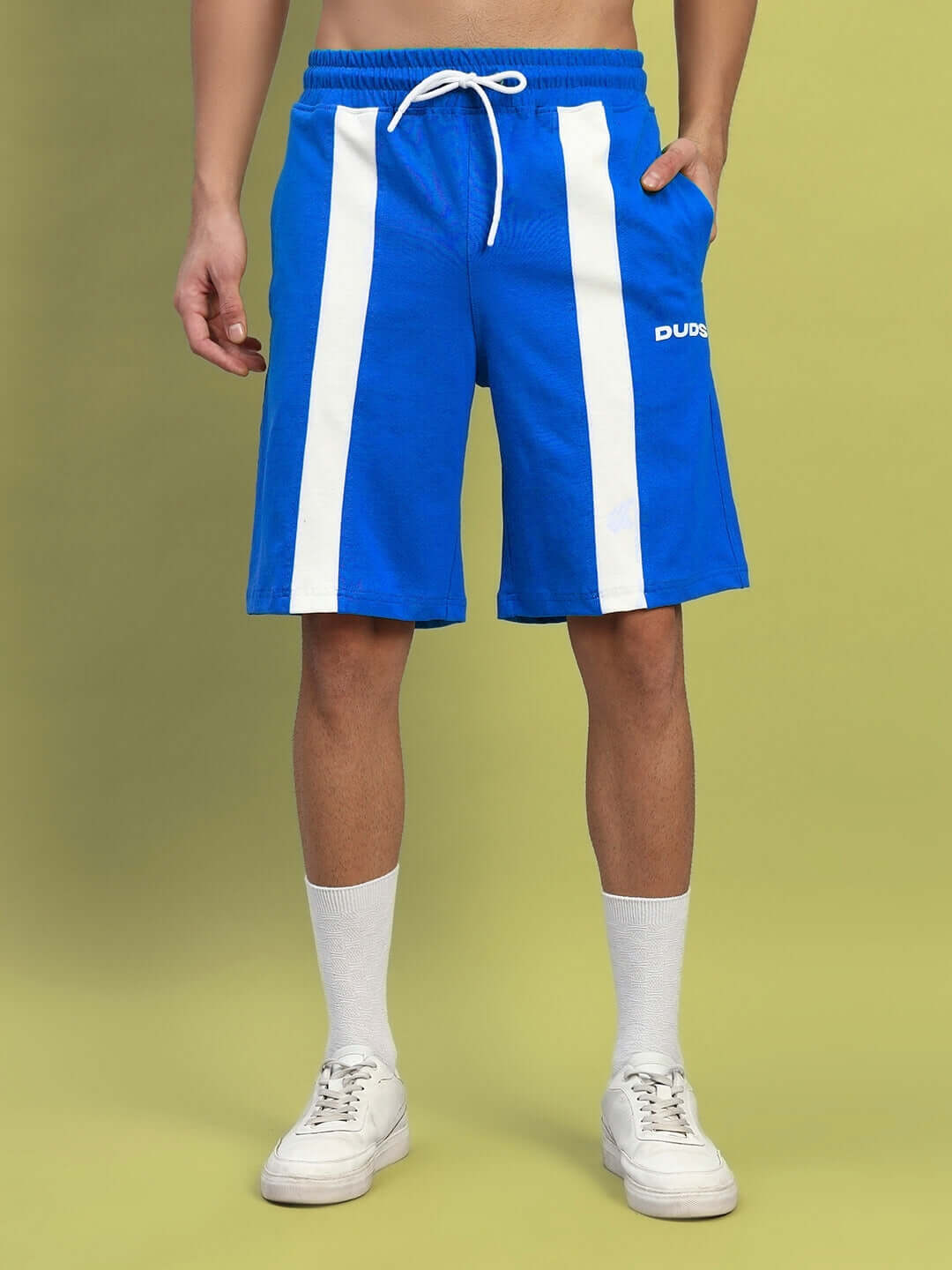 WIDELINE REGULAR FIT SHORTS ROYAL BLUE with white stripes, featuring a comfortable design for casual wear, made from cotton-blend fabric.