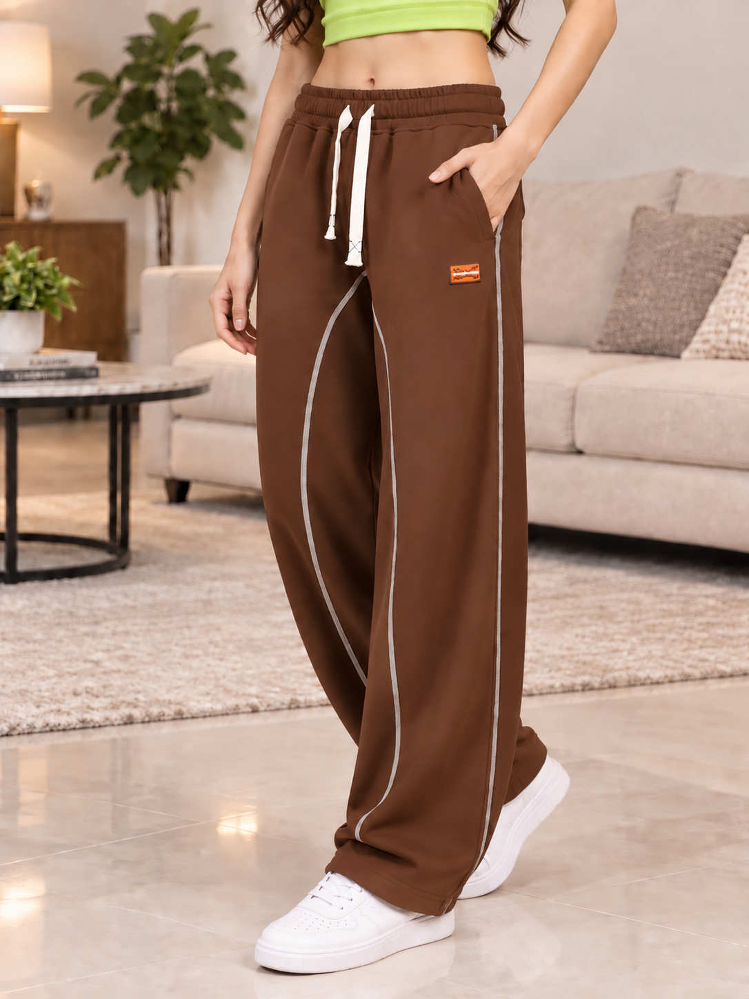 Brown wide leg joggers for women with grey piping and white drawstring - Beat Mode by WEARDUDS