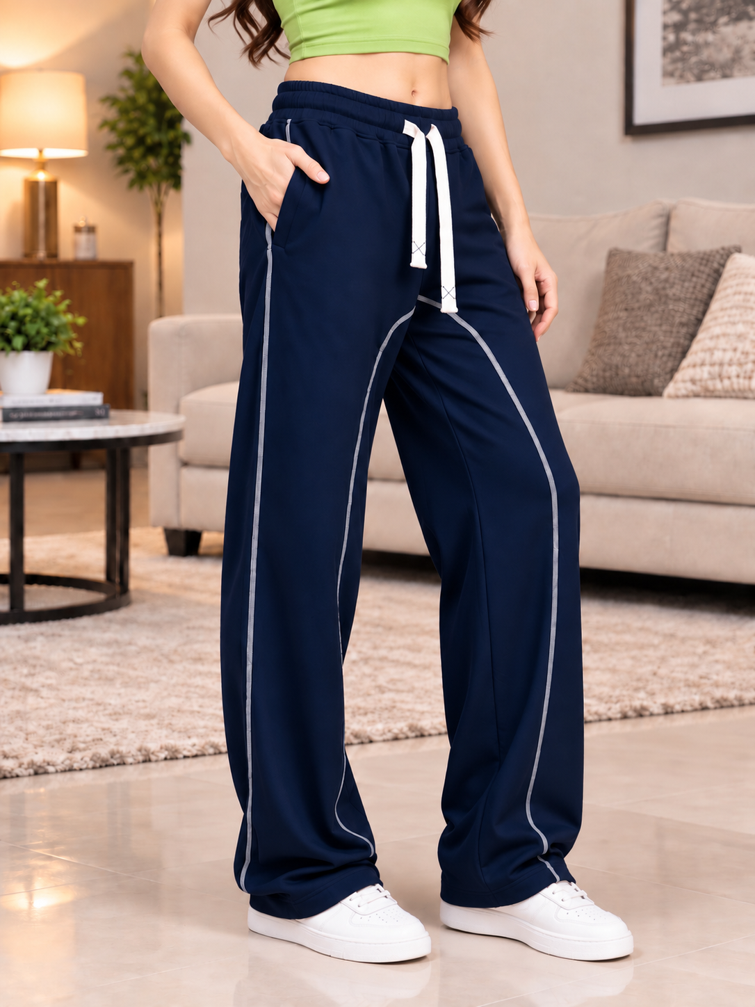 Navy blue wide leg joggers for women with grey piping and white drawstrings - Beat Mode by WEARDUDS