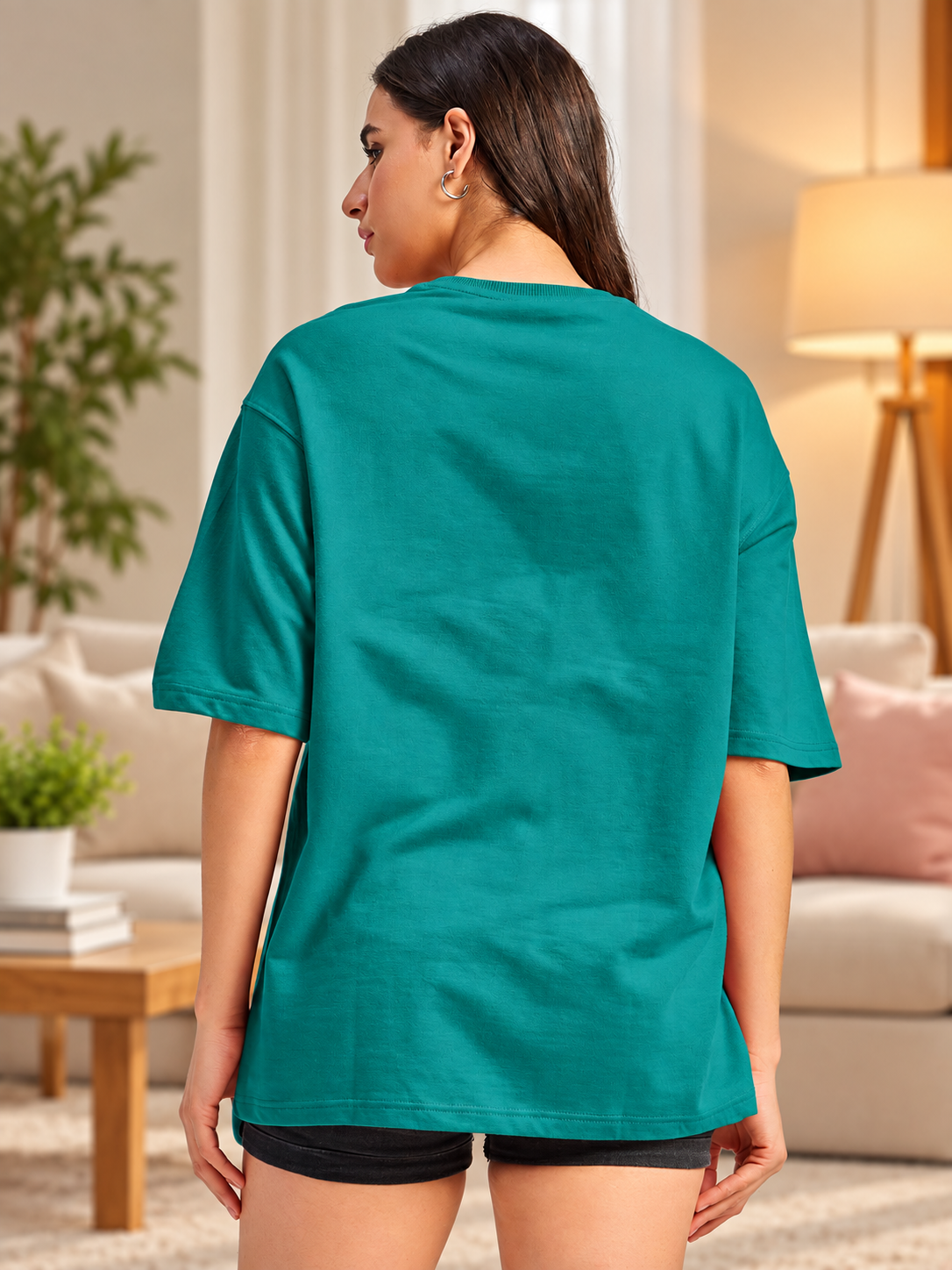 WOMEN CATCHY BLOOM FLORAL T-SHIRT TEAL GREEN back view styled in casual home setting